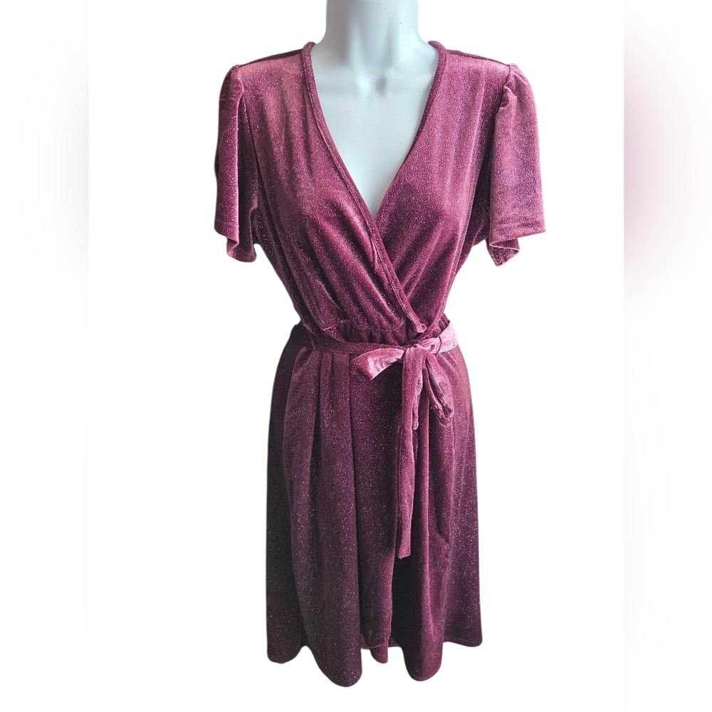 Badgley Mischka Glitter Velvet Wrap Dress Midi Flutter Sleeve Burgundy Y2K Sz PM